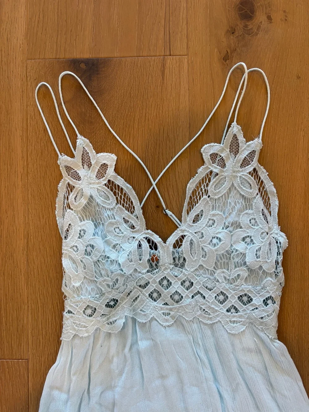 NWT Free People Blue Seawashed Adella Slip- Lace Crochet Asymmetrical Mini Dress